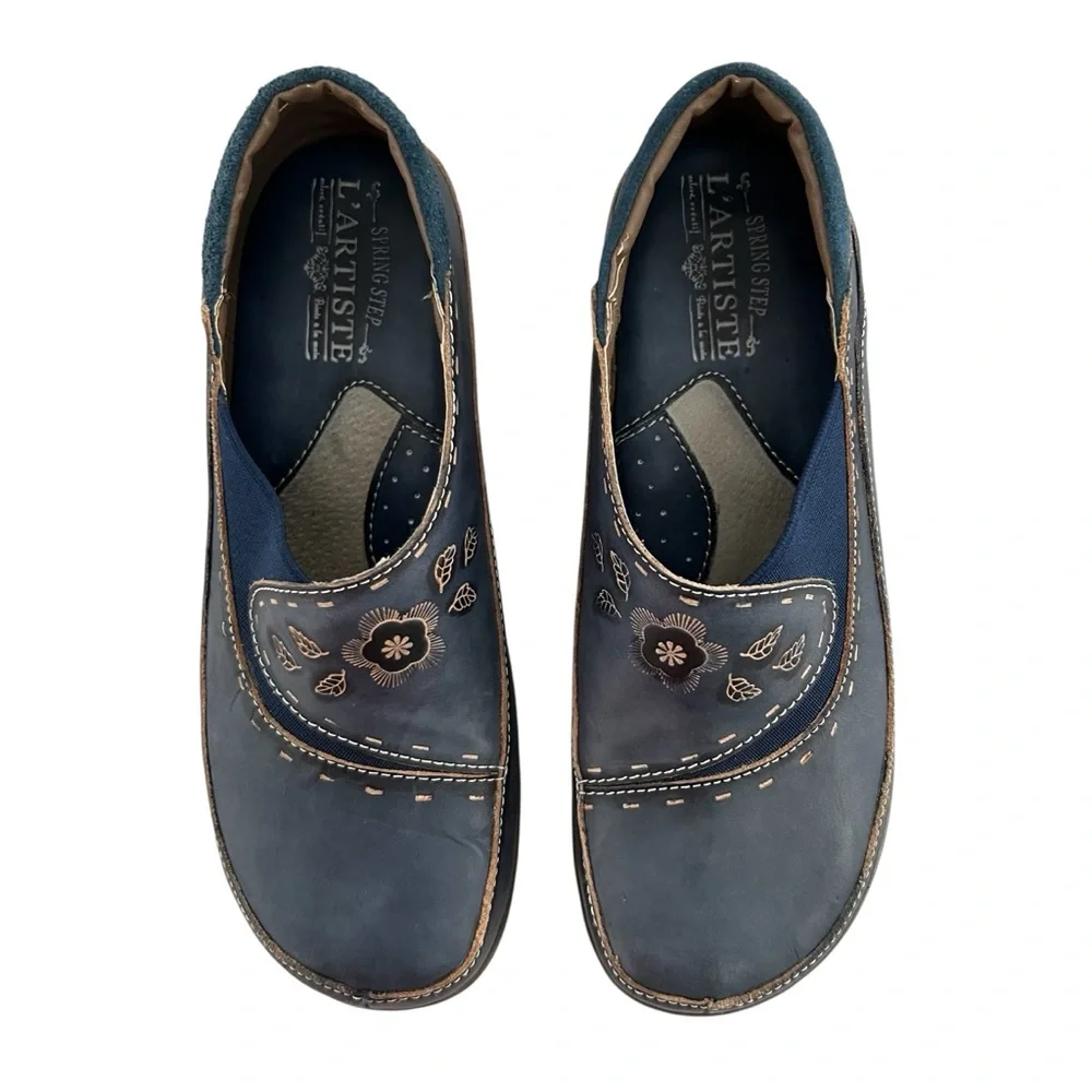 SPRING STEP L’Artiste Burbank Navy Blue Leather Clogs 37 Extra Narrow Width - Picture 3 of 13